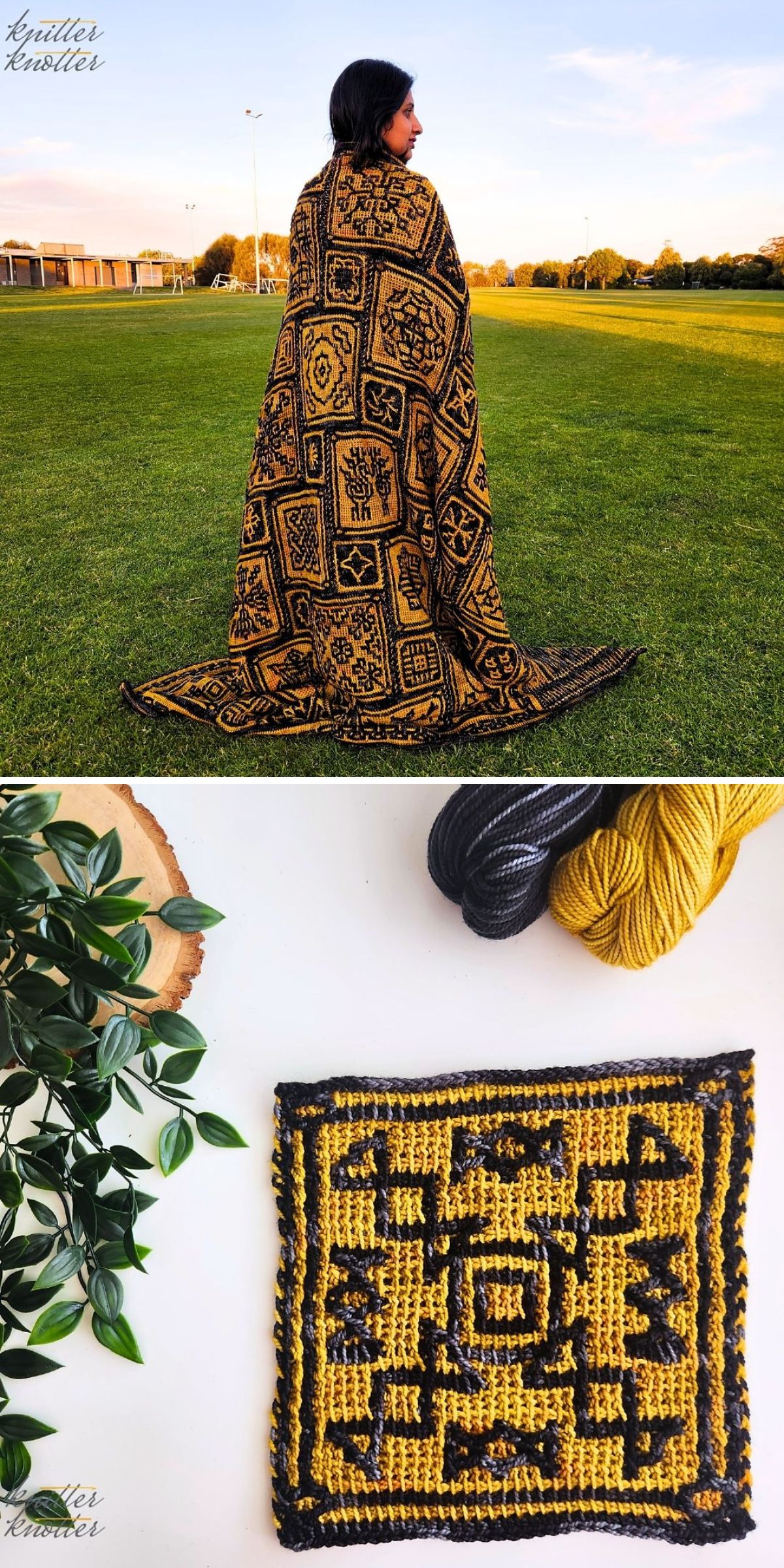 a crochet afghan made of large squares with intricate mosaic motifs