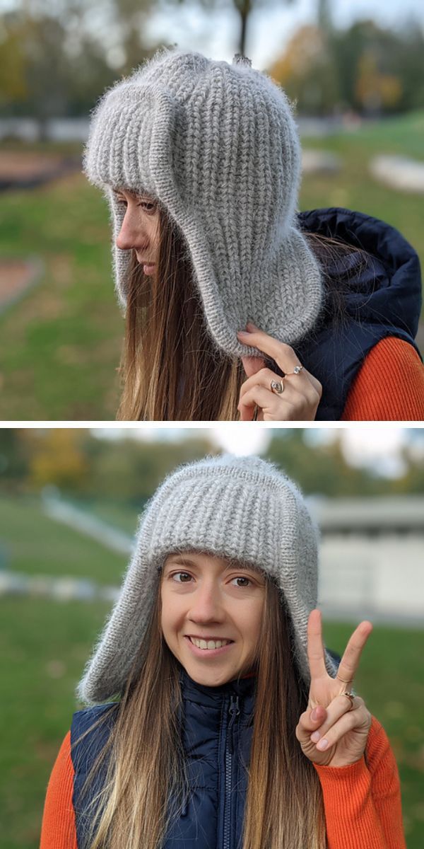 Two pictures of a woman wearing knitted beanies.