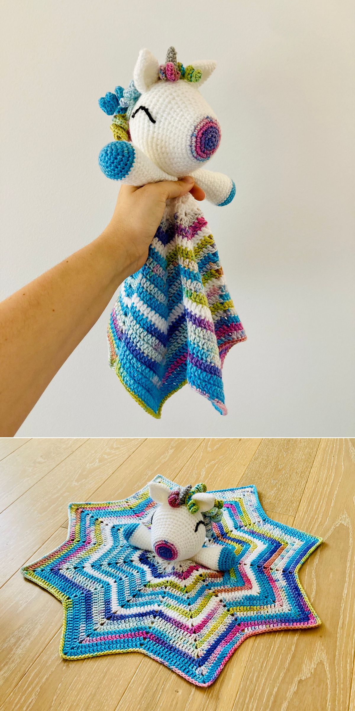 a crochet unicorn with a star-shaped multicolored blanket lovey