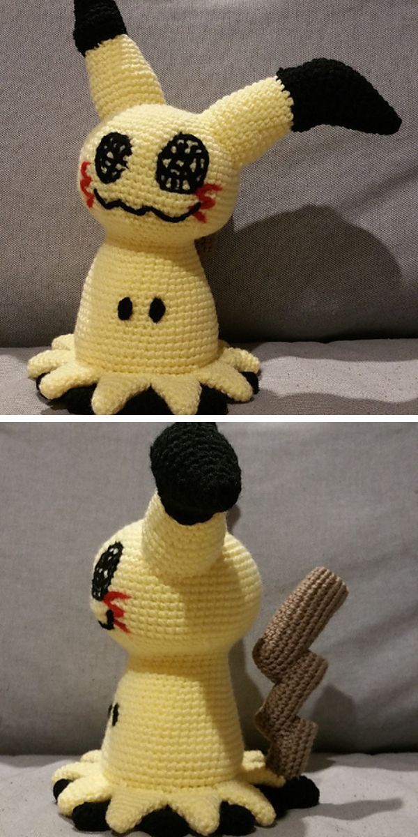 Two pictures of a crocheted Pikachu, a cute Amigurumi creation.