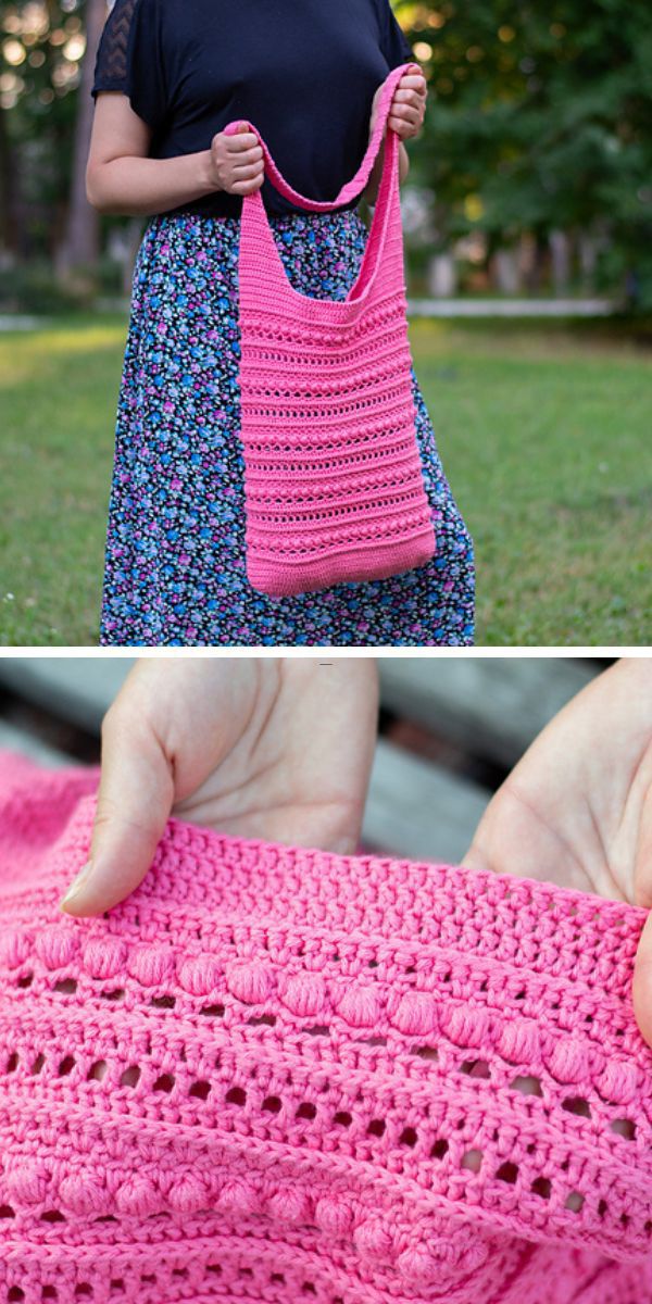 A woman is holding a pink crocheted bag.