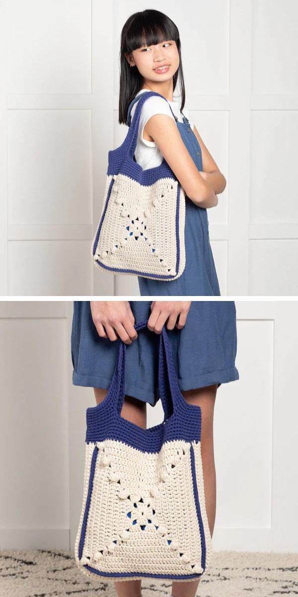 Two images of a girl holding a crocheted handbag.