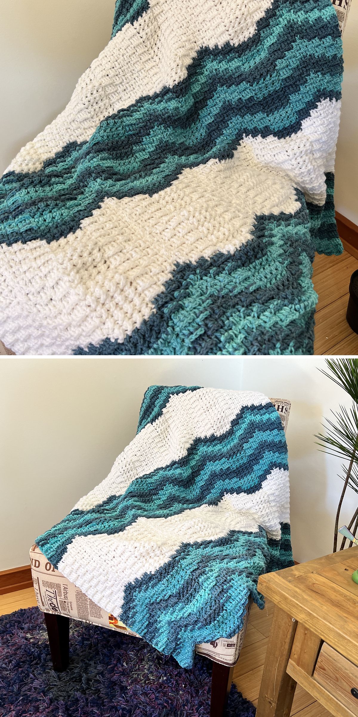 a crocheted blanket with big wavy stripes in two colors