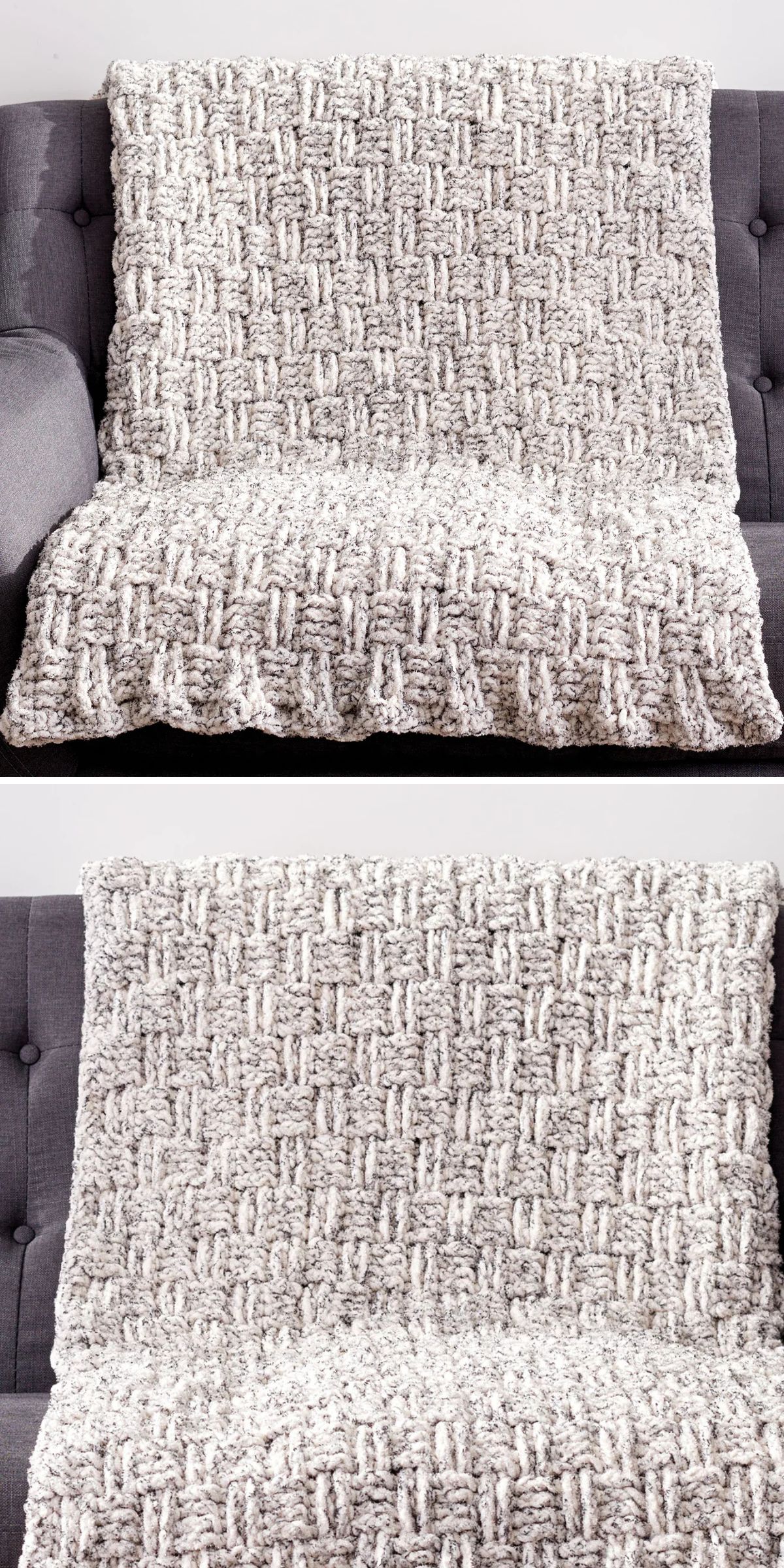 A beige and gray chunky crochet blanket with a basketweave pattern is draped over a gray upholstered sofa.