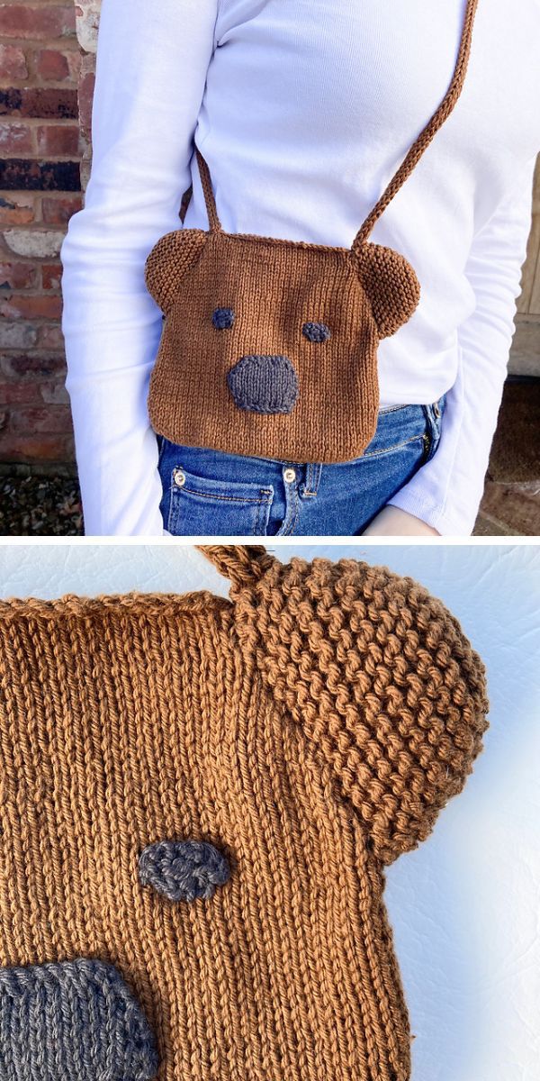 A woman is holding a knitted teddy bear purse, showcasing her love for unique knitted bags.