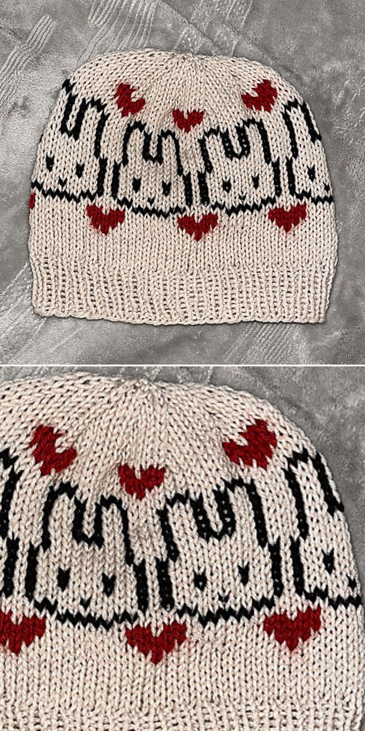 A knitted beige hat featuring a pattern of white bunnies with black outlines and red hearts, perfect for fans of heart motif hats, displayed on a gray textured surface.