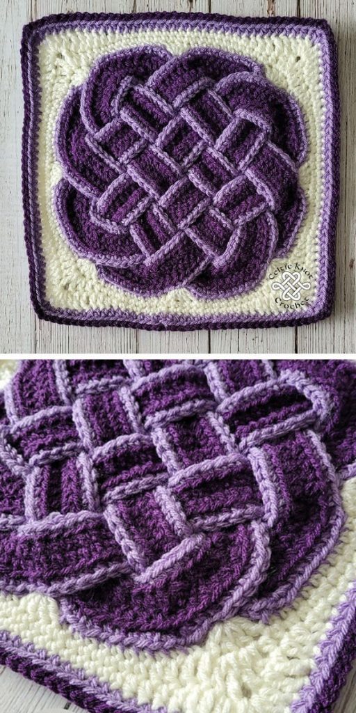 Two pictures of a purple and white crocheted square with a celtic design.