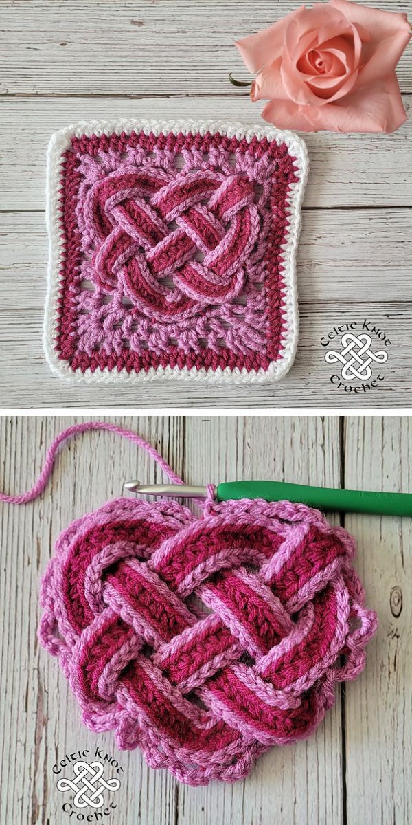 Two pictures of a crocheted celtic knot and squares.