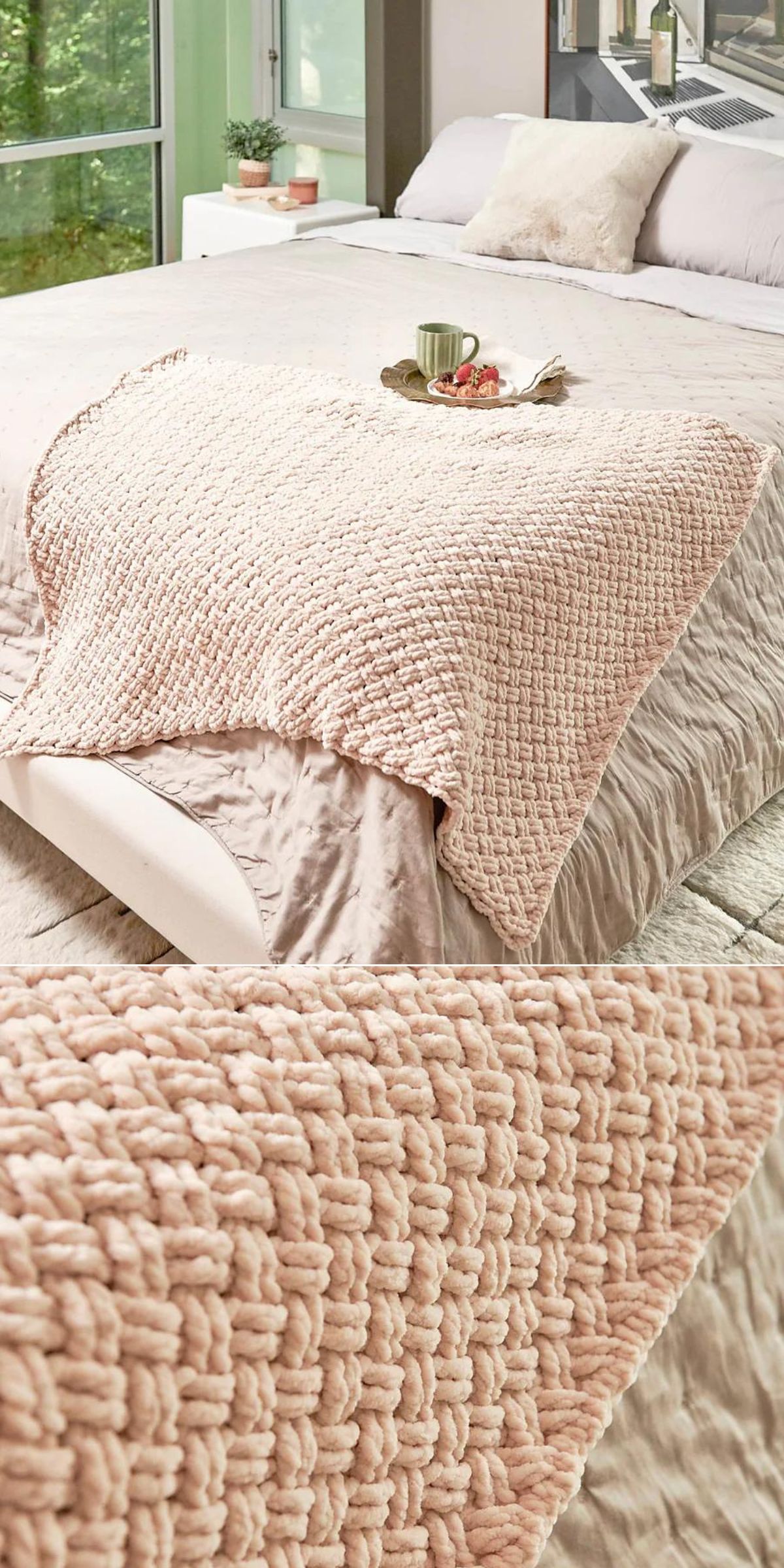 A chunky, light pink woven blanket featuring crochet celtic squares is draped over a neatly made bed, with a tray holding a cup and book. The second image shows a close-up of the blanket’s textured weave.