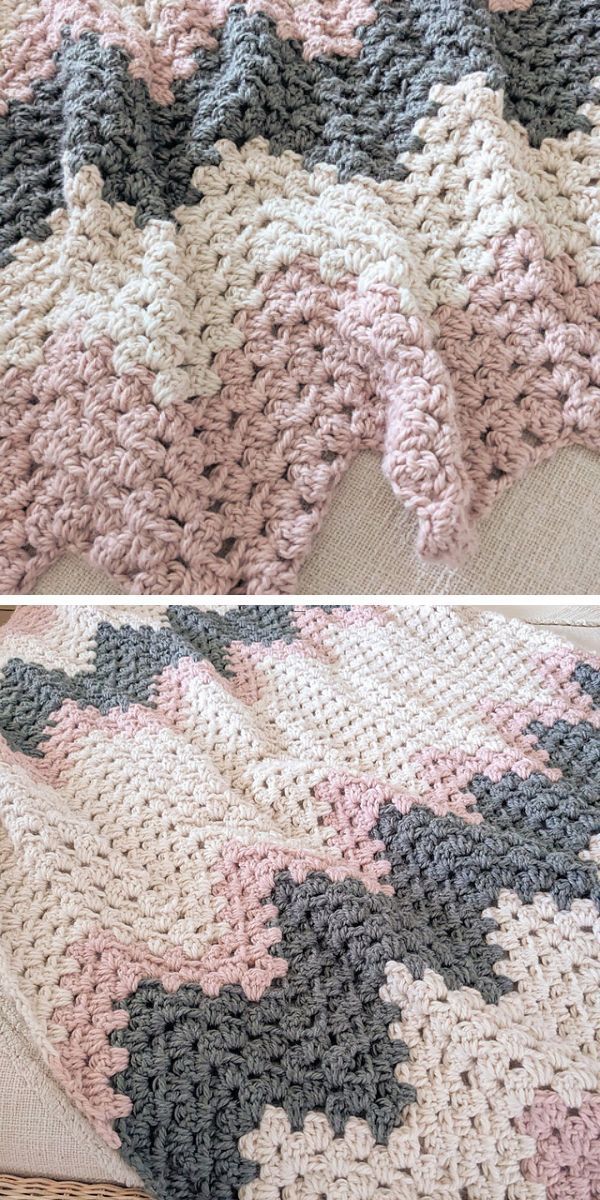 Two pictures of a pink and grey ripple crochet blanket.