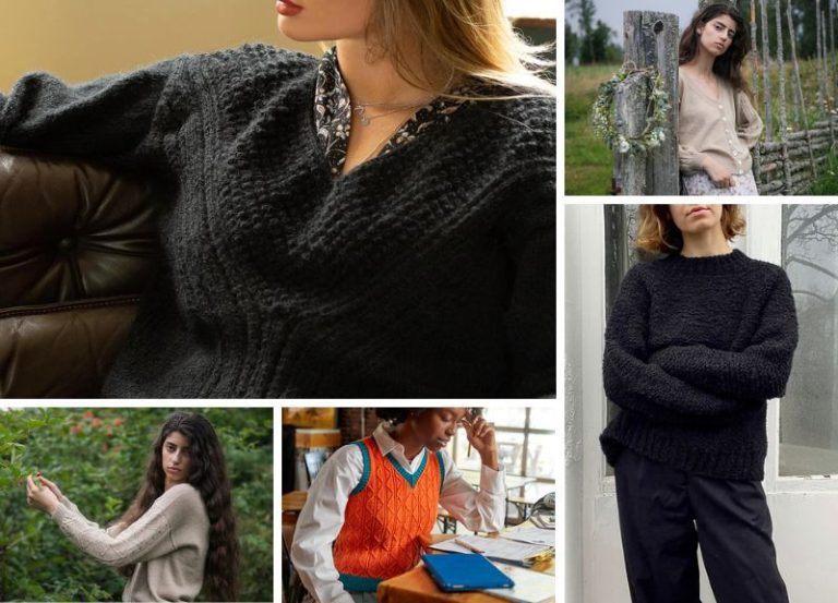 A collage of pictures of women wearing sweaters.