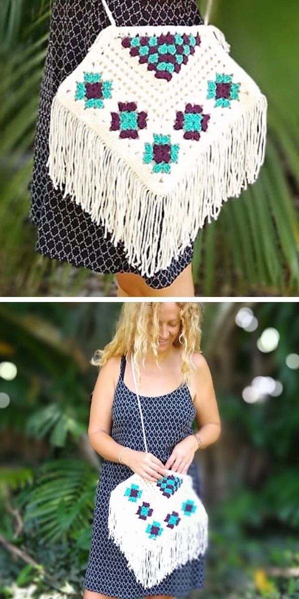 Two pictures of a woman with a crocheted handbag.