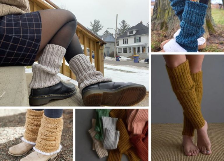 A collection of photos showing different types of knitted leg warmers.