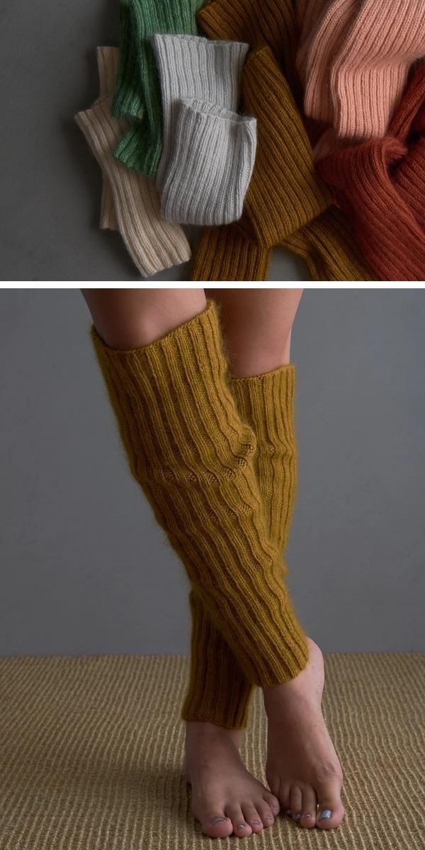 A woman's feet are shown in different colors of knitted leg warmers.