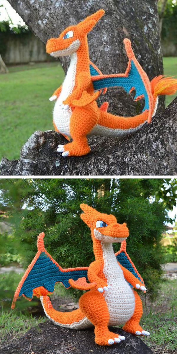 Two pictures of a crochet Pokemon dragon, showcasing the intricate amigurumi craftsmanship.