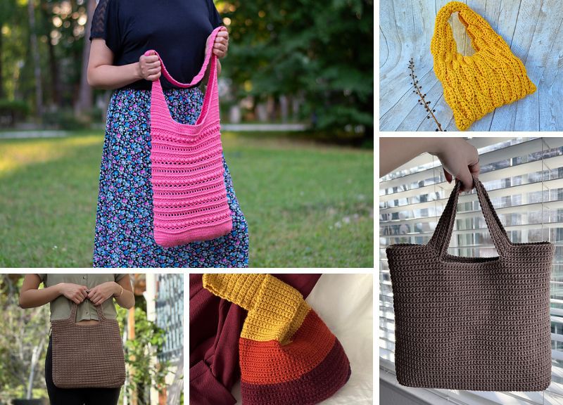 A collage of pictures of different knitted bags.