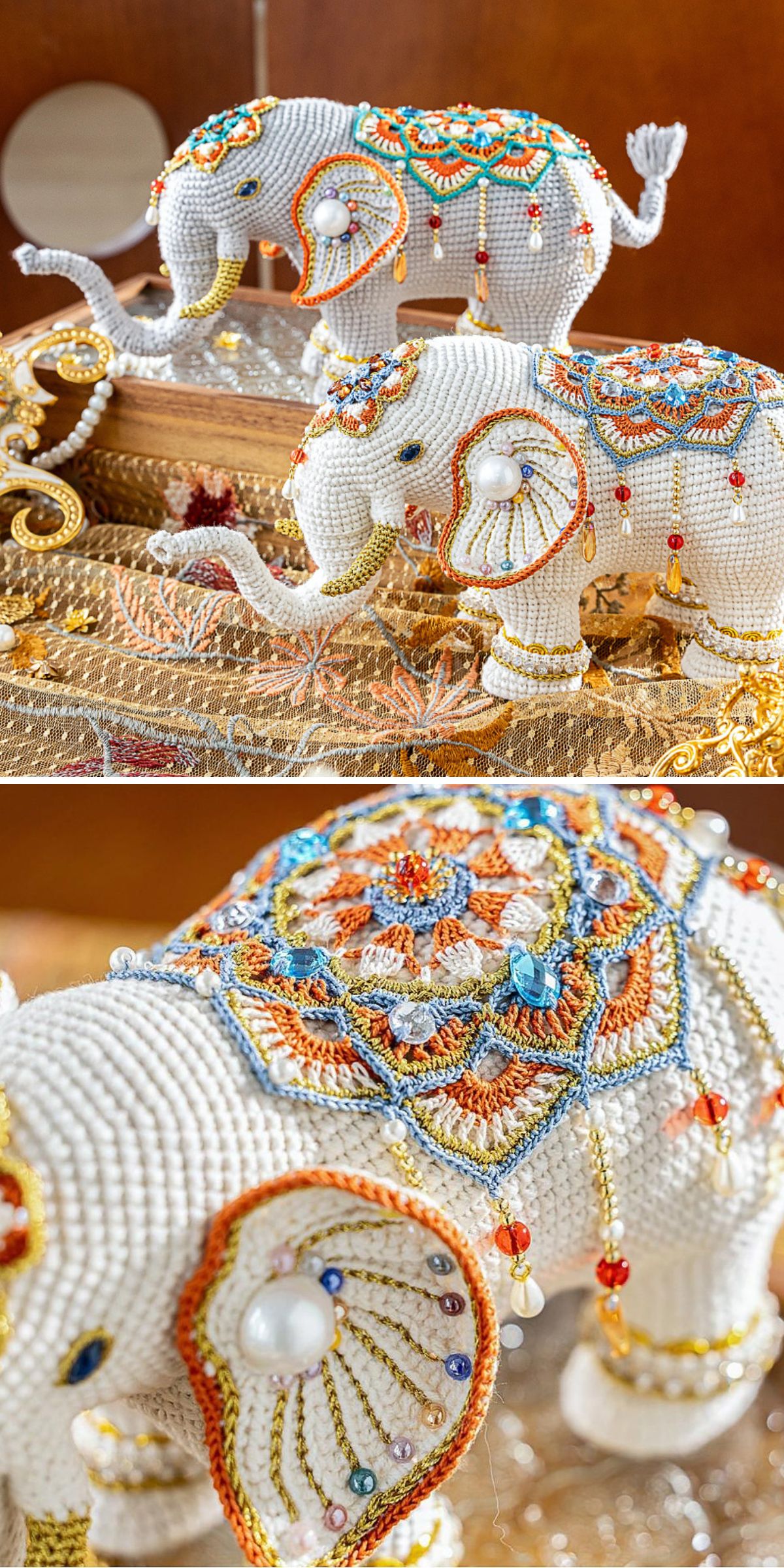 an intricate elephant crochet figurine