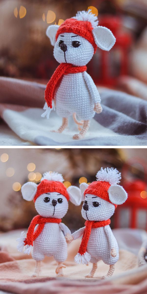 Two adorable amigurumi mice wearing red hats and scarves.