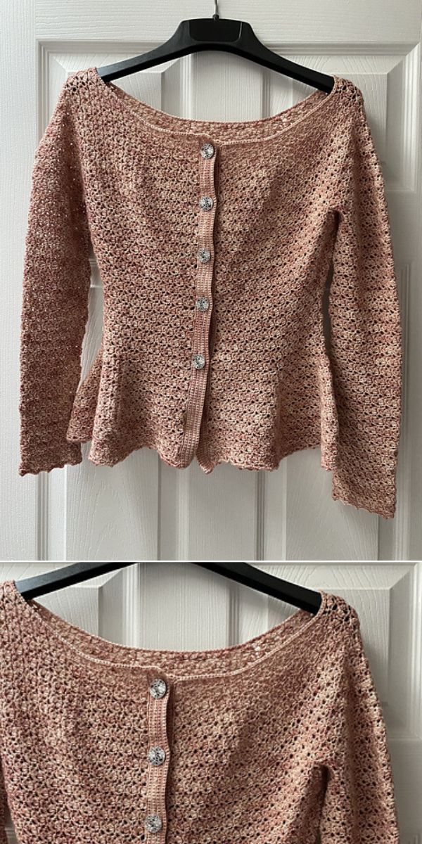 Two pictures of a pink crocheted sweater hanging on a hanger.