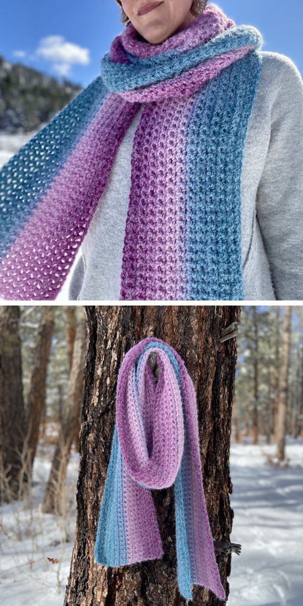 Two photos of a woman sporting a crocheted scarf in the snowy weather.