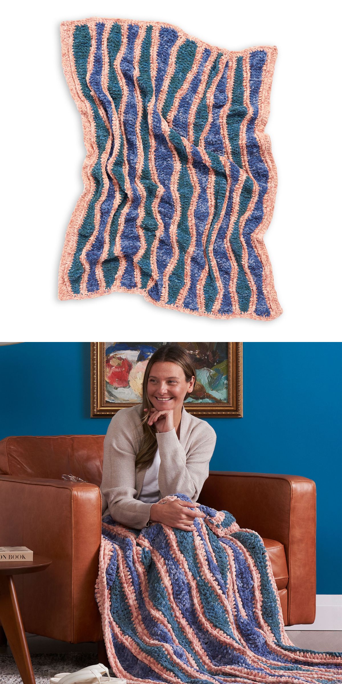 a crocheted blanket featuring a wave design in pink and blue