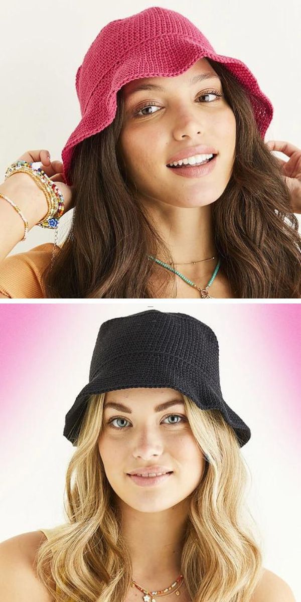 Two women showcasing summer bucket hats, one in pink and the other in black.