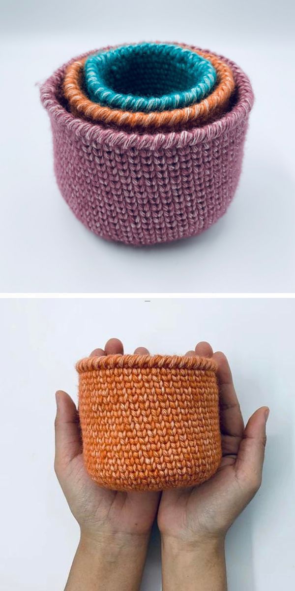 Three sturdy, hand-knitted baskets with varying sizes and colors stacked inside each other, and a pair of hands holding the smallest basket.