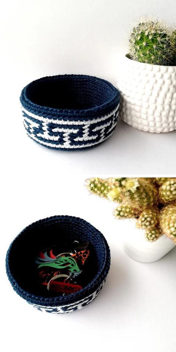 A sturdy, blue and white crocheted basket next to a cactus.