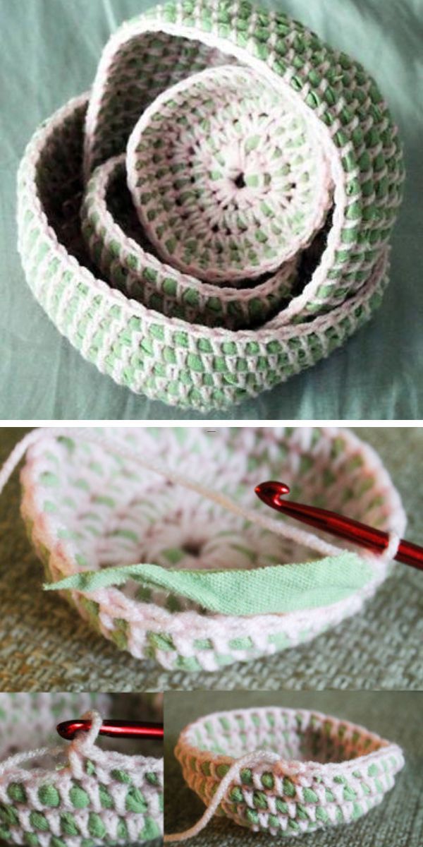 Handmade sturdy crochet basket in progress with a crochet hook and yarn.