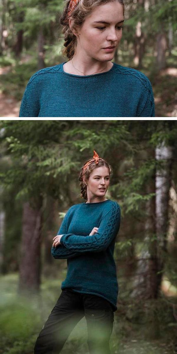 A woman wearing a dark academia knitwear sweater and a headband stands in a forest, depicted in two poses: the upper image shows her looking down to the side, and the lower image has her