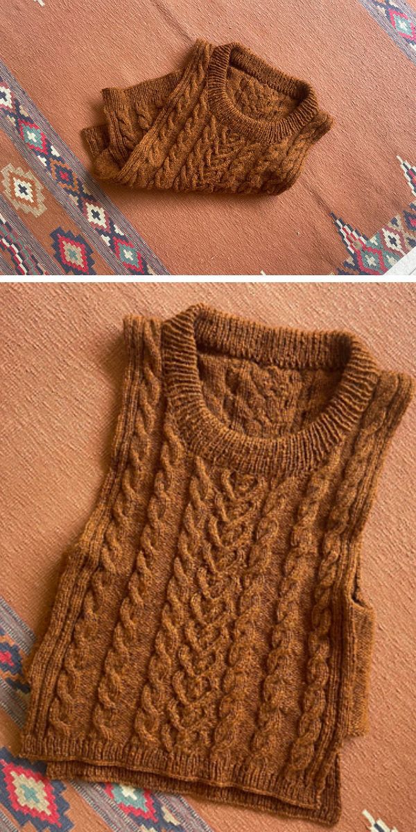 a knitted vest laid with a cable design in a brown color