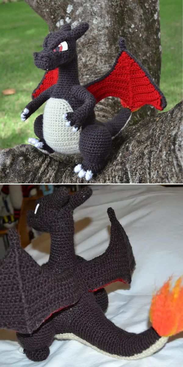 A crocheted amigurumi of a Pokemon dragon.