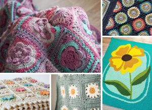 A collage featuring various wildflower crochet blankets with floral designs.