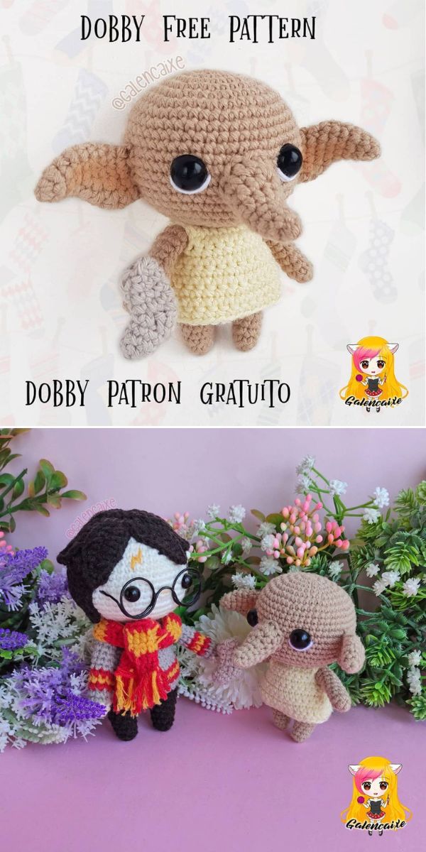 Dobby the Elf amigurumi alone and next to a Harry Potter amigurumi