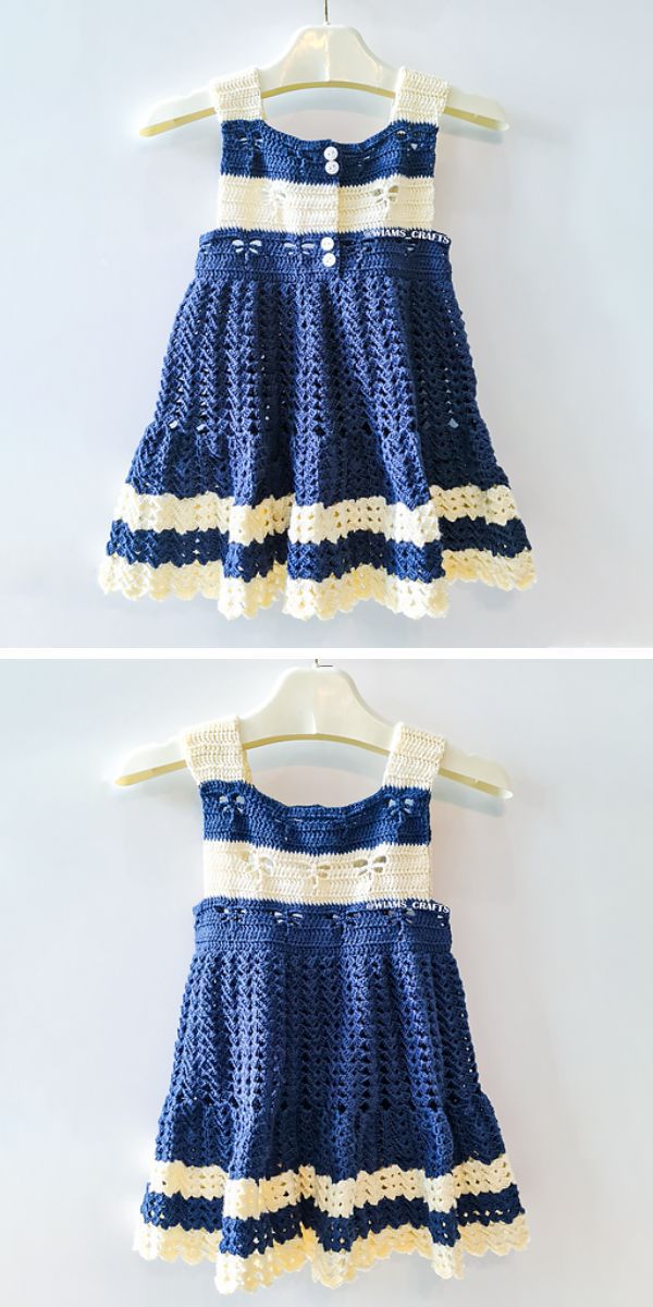 a crochet dress in blue and white colors with a dragonfly stitich design