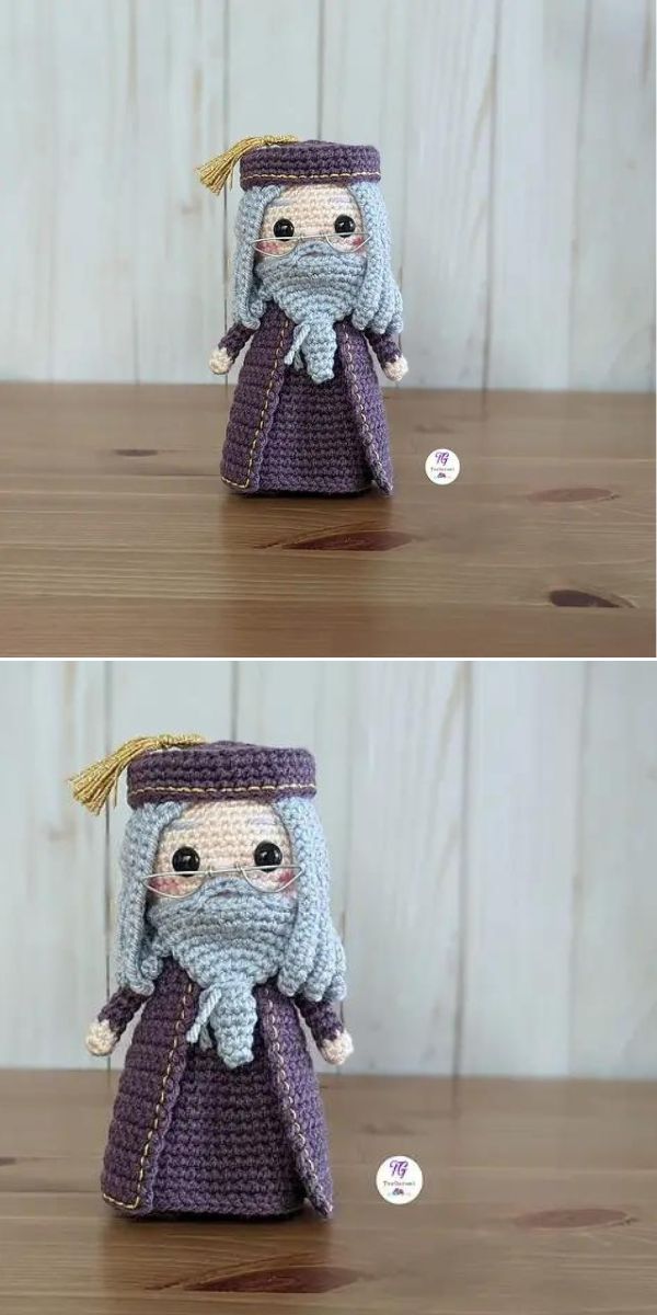 Dumbledore amigurumi standing on a wooden table