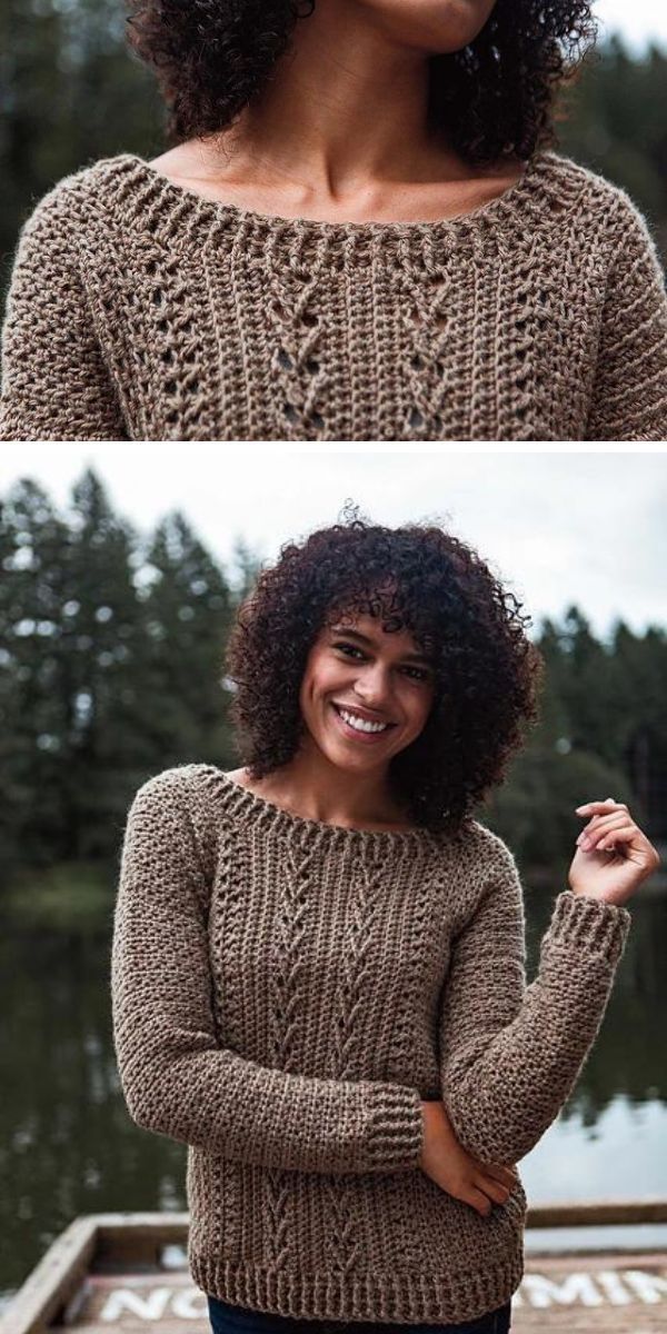 Two pictures of a woman wearing dark academia knitwear.