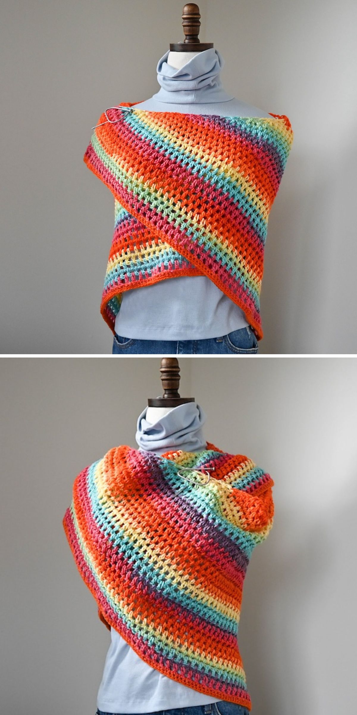 a triangle crochet shawl with a vibrant striped design
