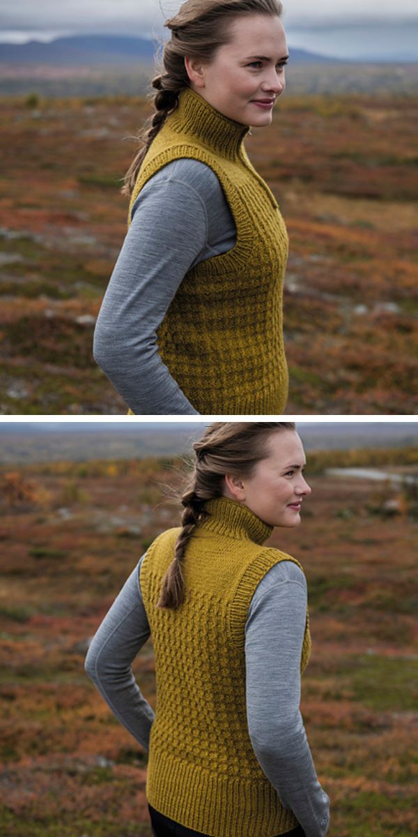 Woman wearing a sleeveless yellow turtleneck and dark academia knitwear stands outdoors with a natural landscape in the background.