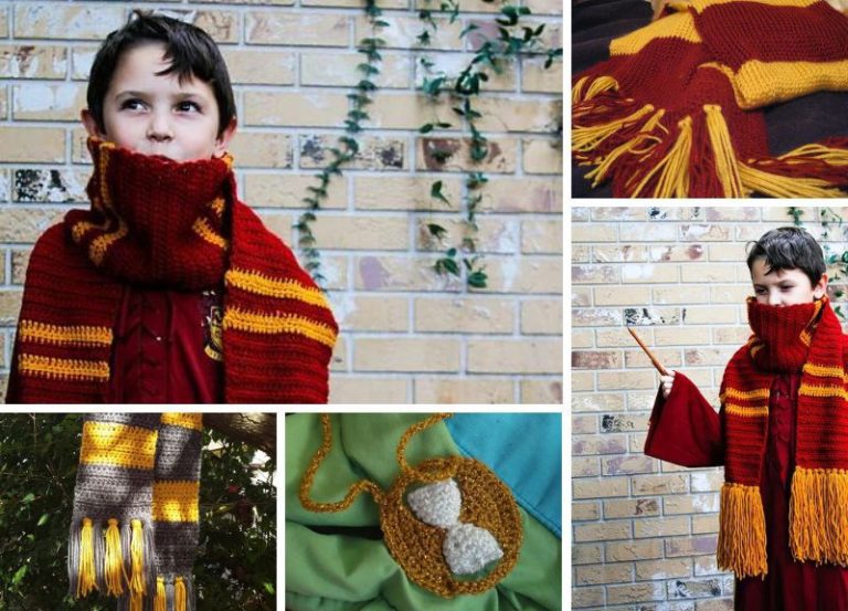 A collage features a child wrapped in a red and yellow striped scarf, clutching a wand reminiscent of Harry Potter. Alongside are images of matching scarves and a small crocheted item, hinting at enchanting crochet patterns perfect for wizarding fans.