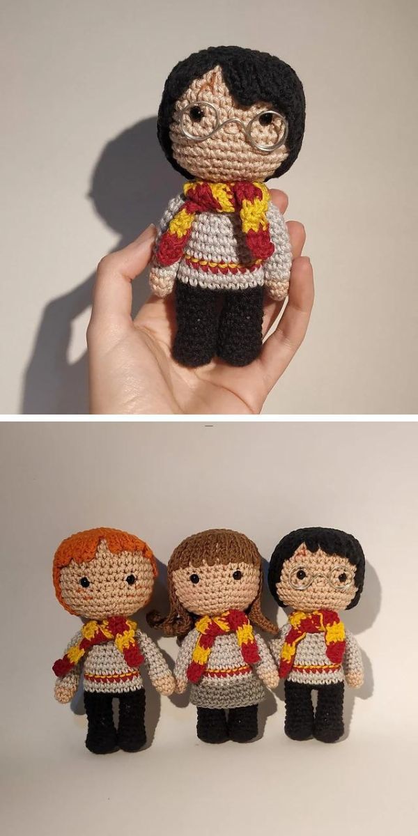 Handcrafted Harry Potter crochet patterns resembling characters from the series.