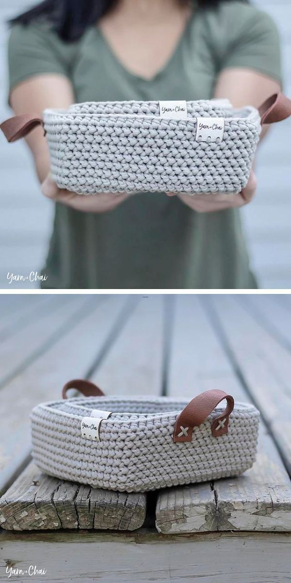 Two pictures of a woman holding a sturdy crocheted basket.