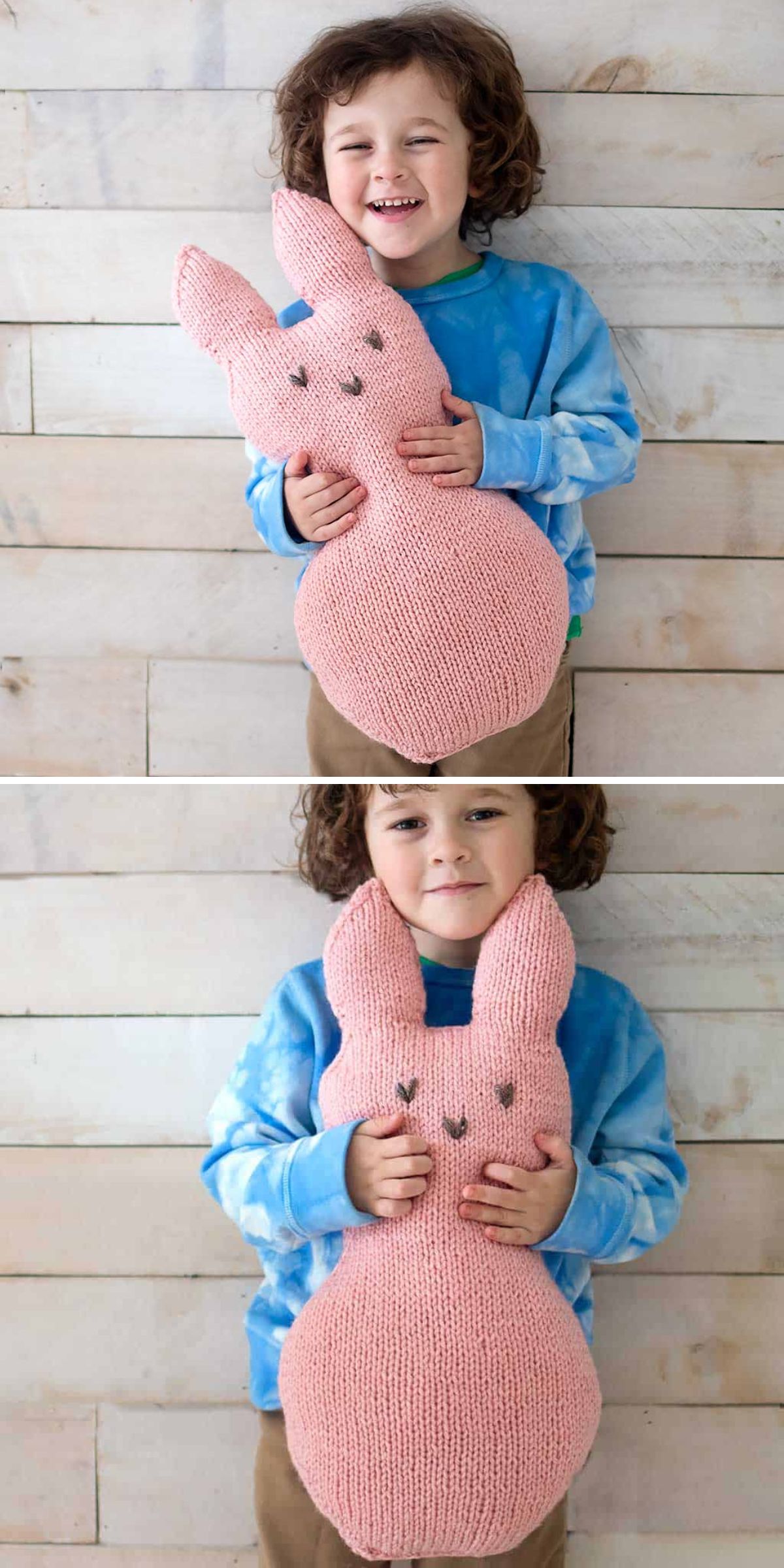 a bunny-shaped knitted pillow 
