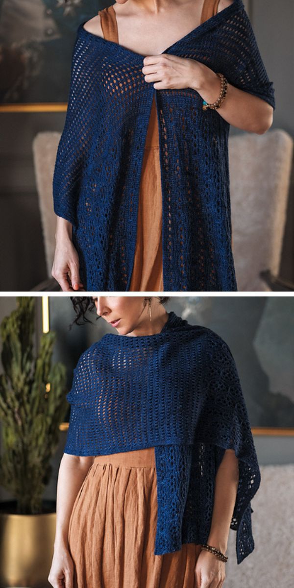 Two ways to style a blue knitted shawl over outfits.