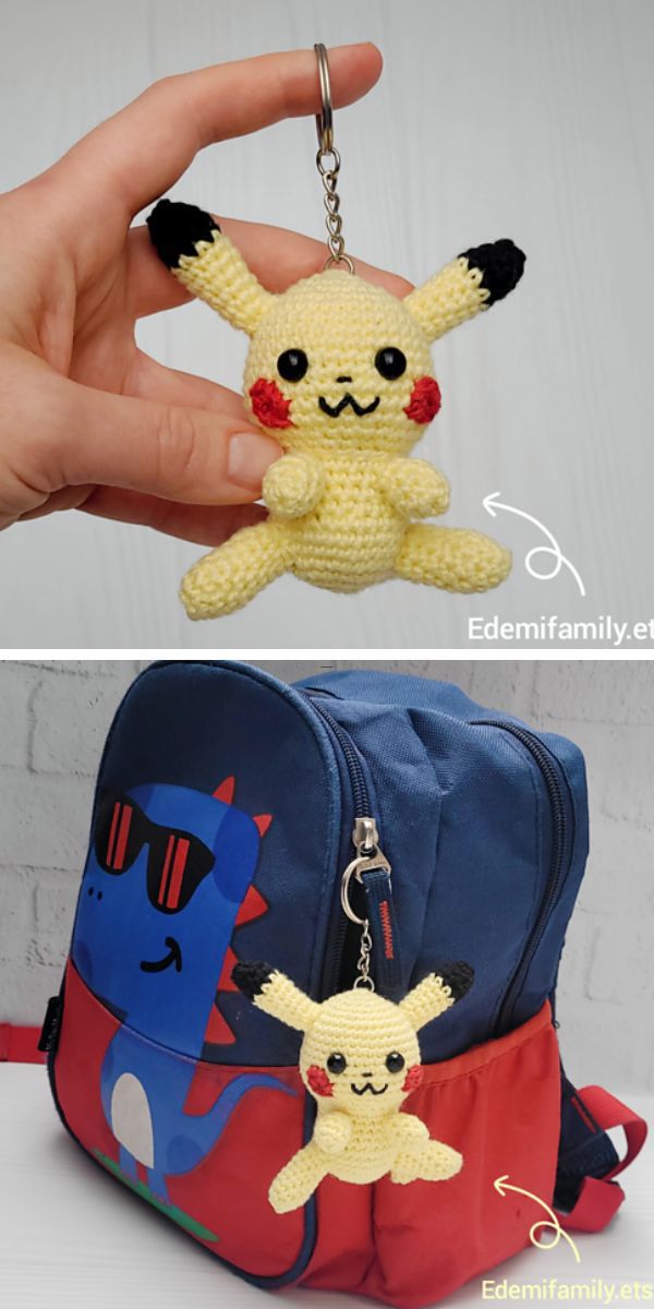 a person holding in hand a crochet Pikachu keychain