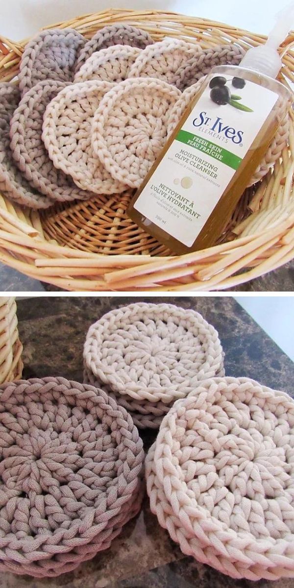 a set of crocheted facial pads in a basket