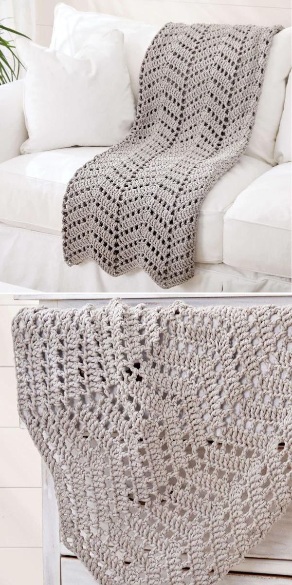 Handmade ripple crochet blanket draped over a white sofa.