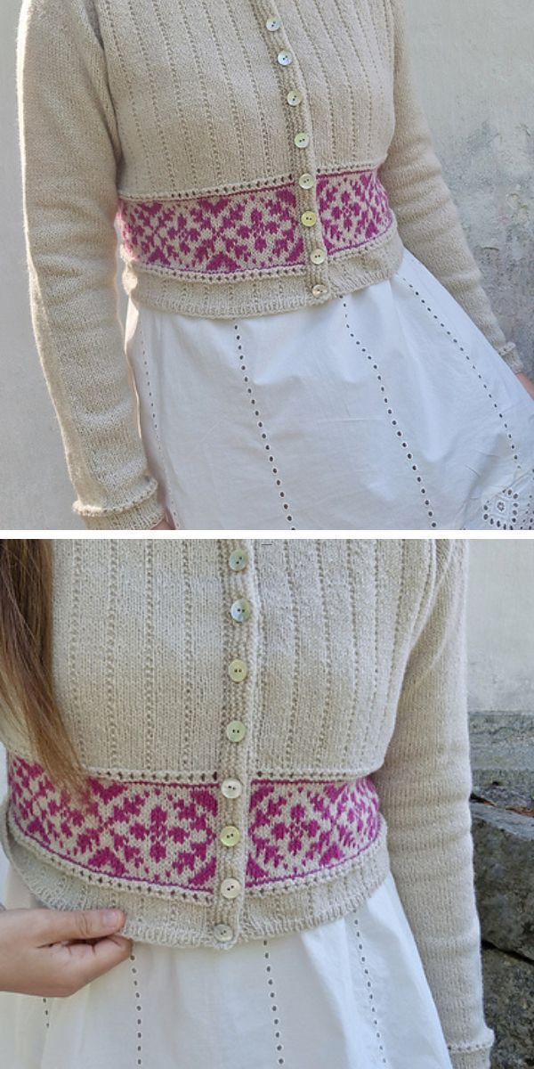 Person wearing a beige dark academia knitwear cardigan with a pink and white patterned waistband over a white skirt.