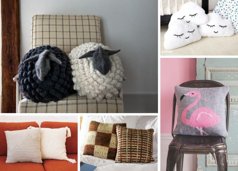 An assortment of decorative knitted pillows with various designs, including sheep, clouds, a knitted flamingo, and textured patterns.