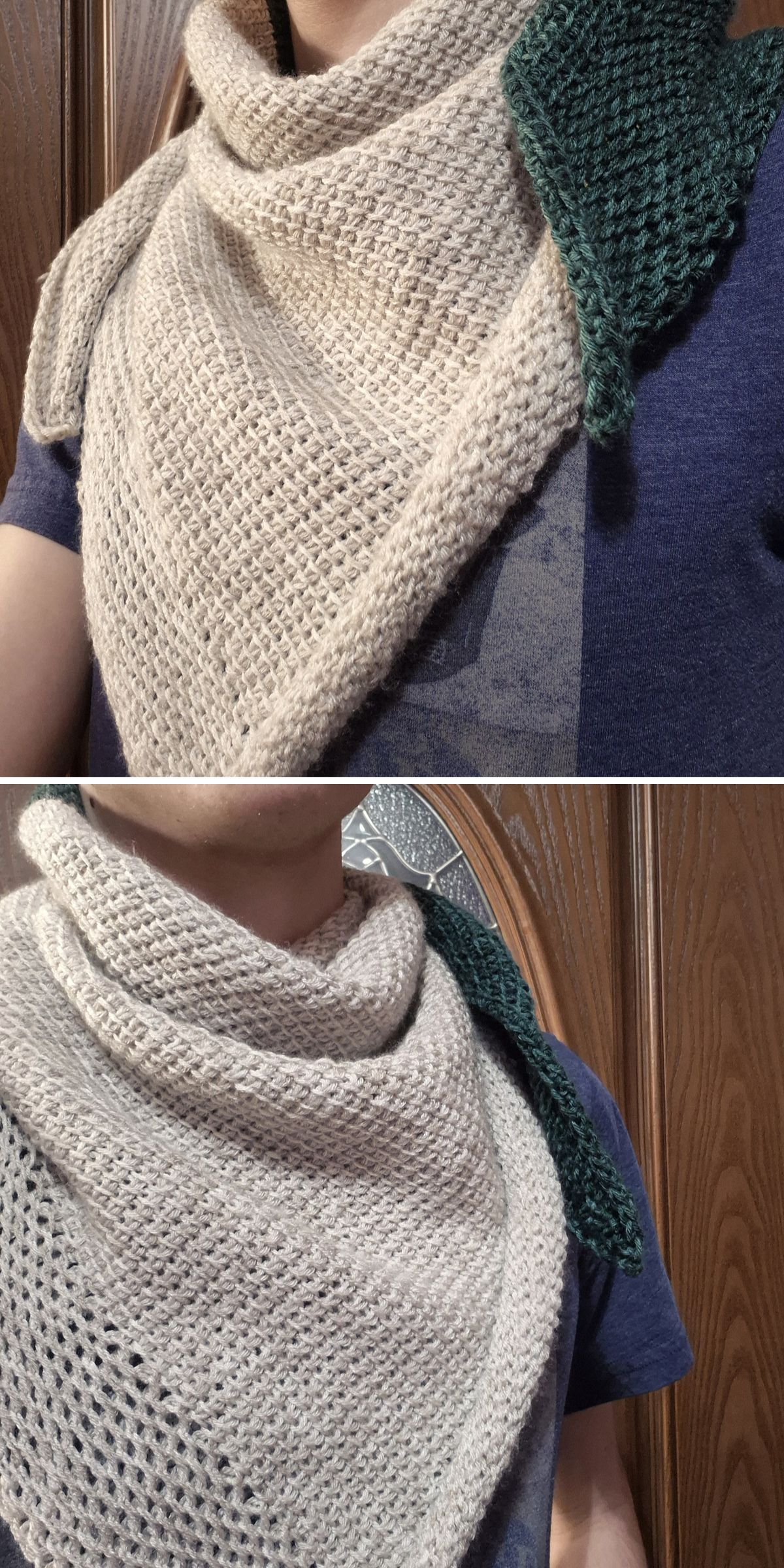 a crochet shawl in a solid grey colorway